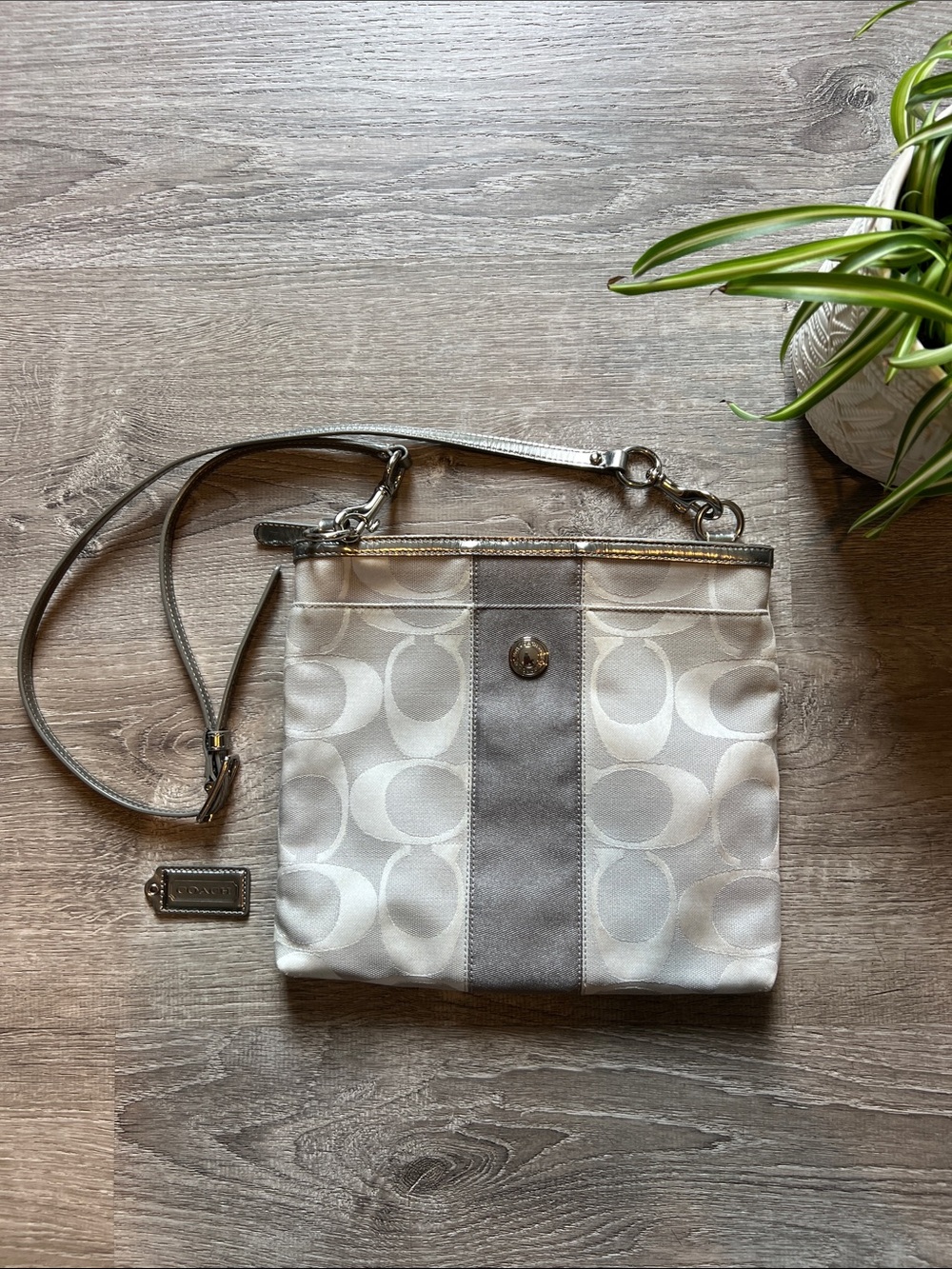 Vintage Coach Crossbody Bag in Light Silver and Chalk Signature Canvas Y2K